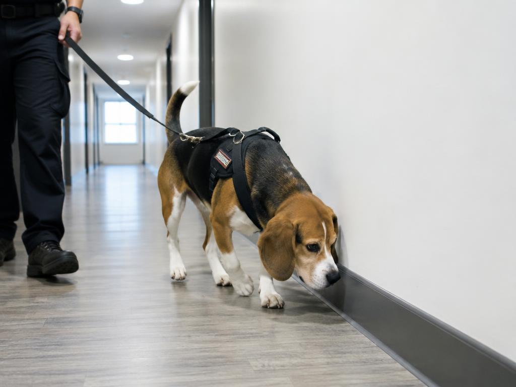 Detection dog inspecting a hallway