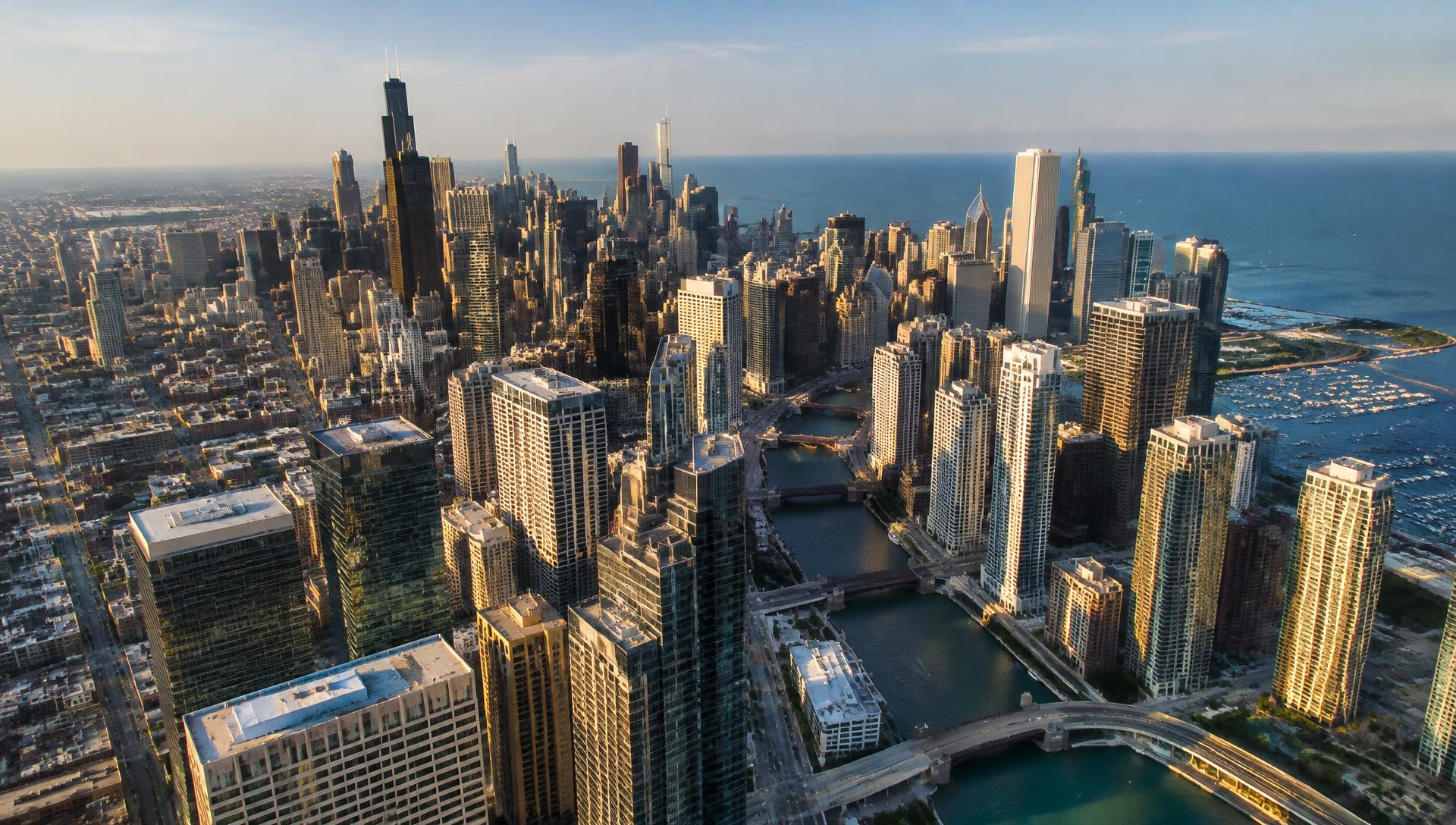 Aerial view of downtown Chicago and the Chicago River